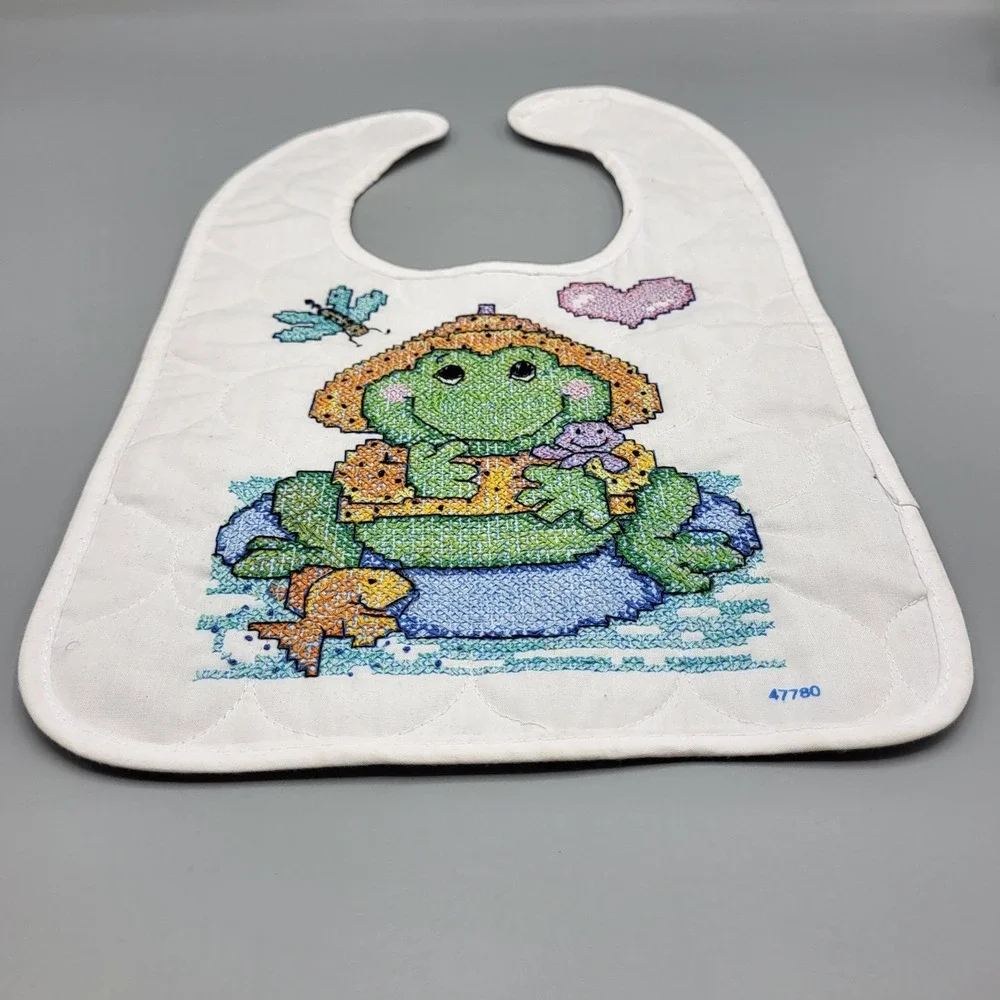 Bucilla Pond Pals Cross Stitch Bib Baby Quilted Frog Heart Fish White Completed
